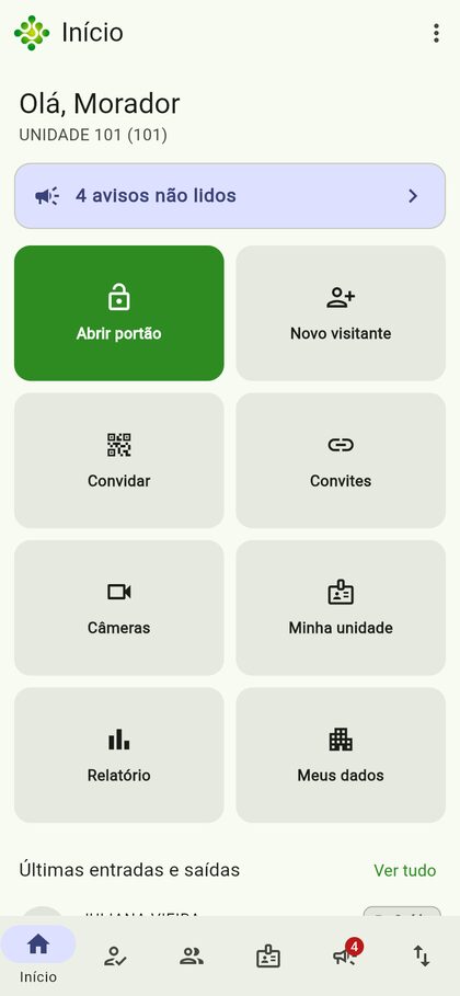 Tela inicial do SiriusApp: avisos não lidos, atalhos e as últimas entradas e saídas da unidade