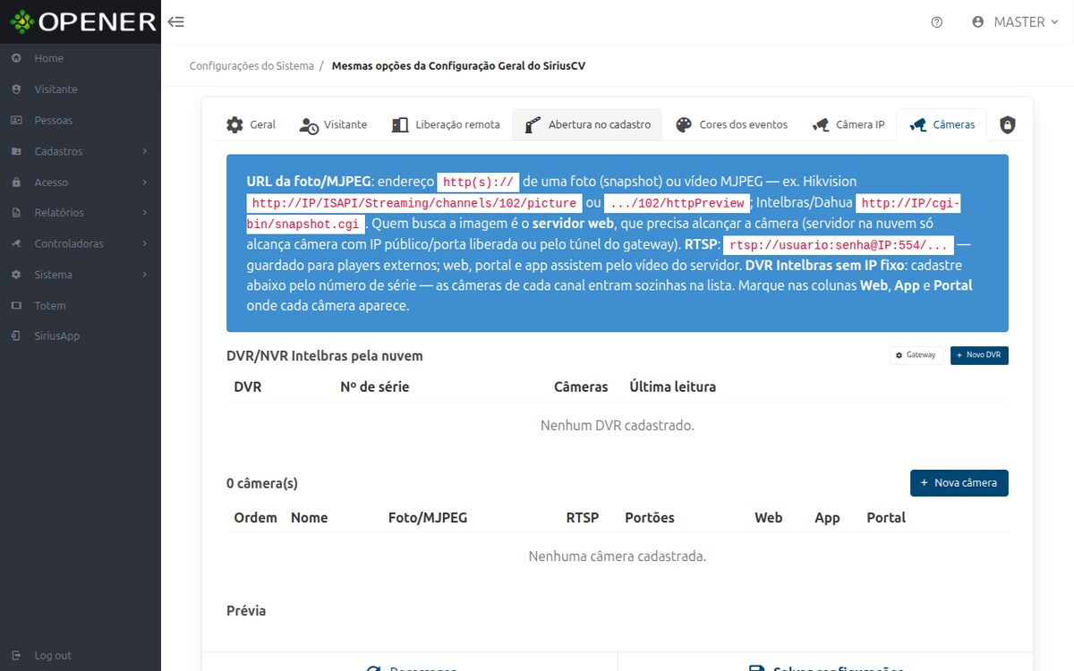 Configurações, aba Câmeras: cadastro de câmeras e DVR com as colunas Web, App e Portal