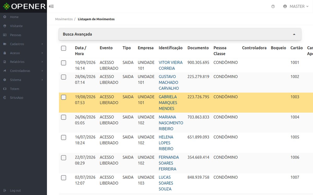 Relatório de Movimento com a busca avançada em abas e os botões Exportar PDF e Exportar Excel