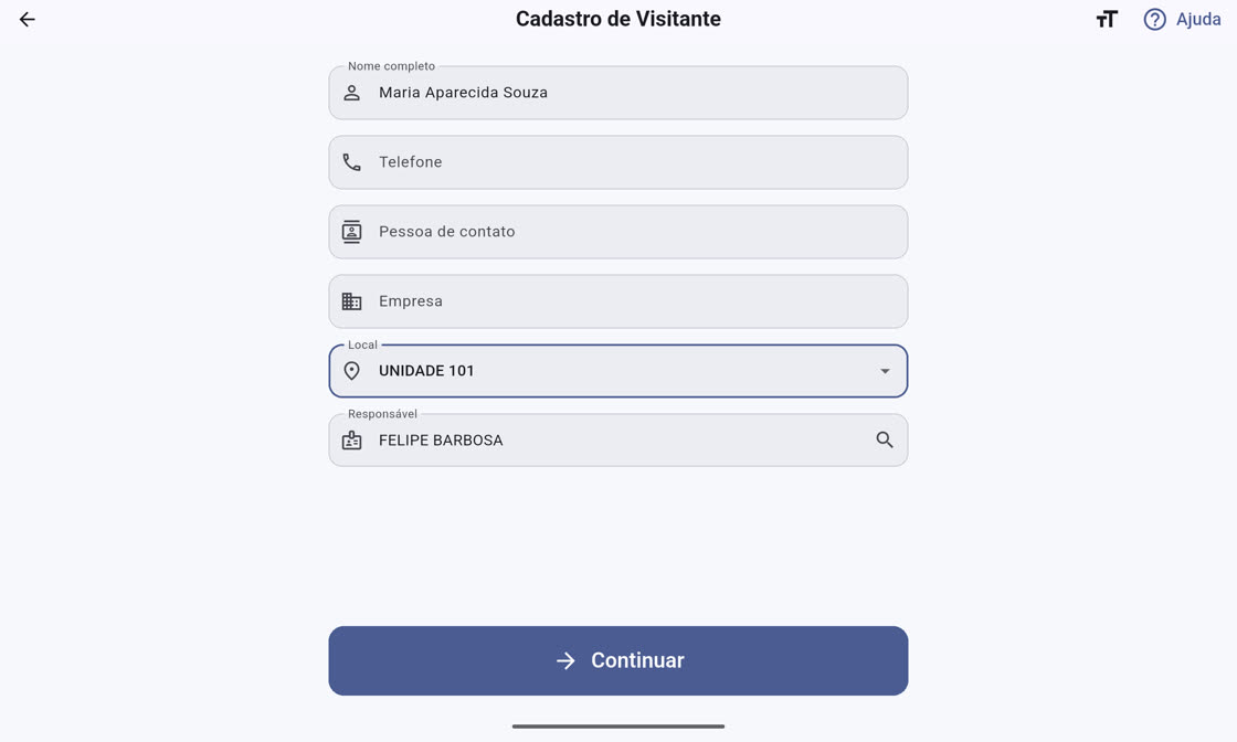 Formulário de cadastro do visitante no totem