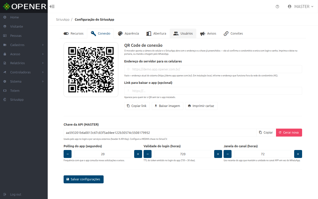 SiriusApp, aba Conexão