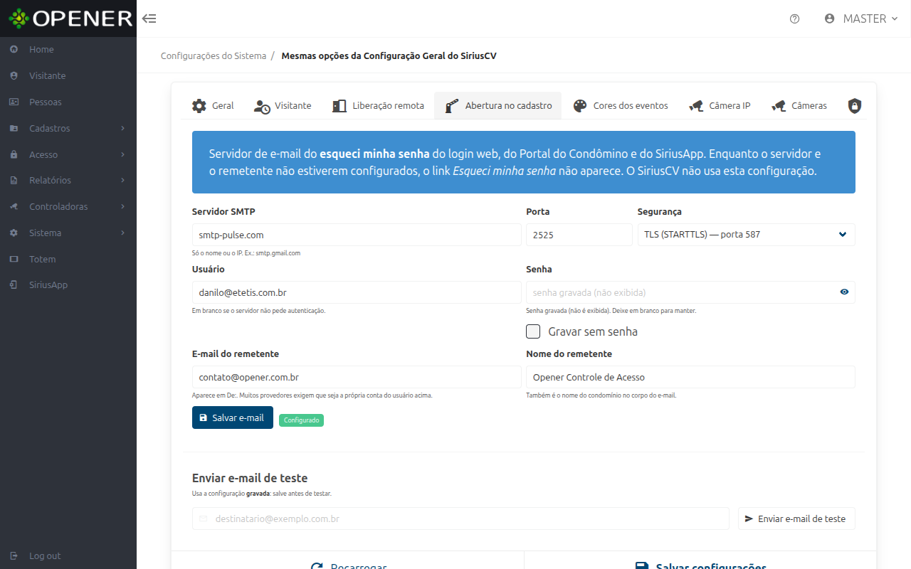 Configurações, aba E-mail (SMTP)