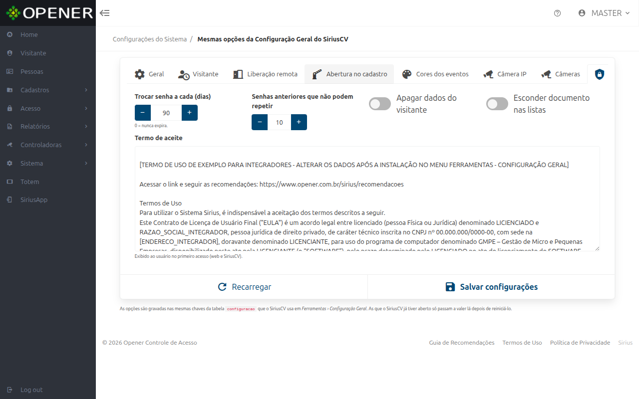Configurações, aba LGPD