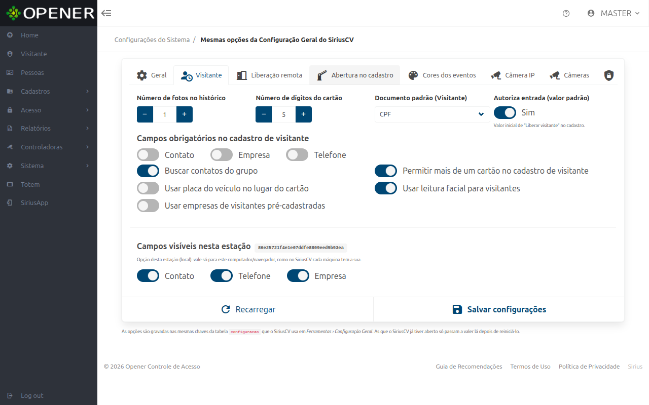 Configurações, aba Visitante