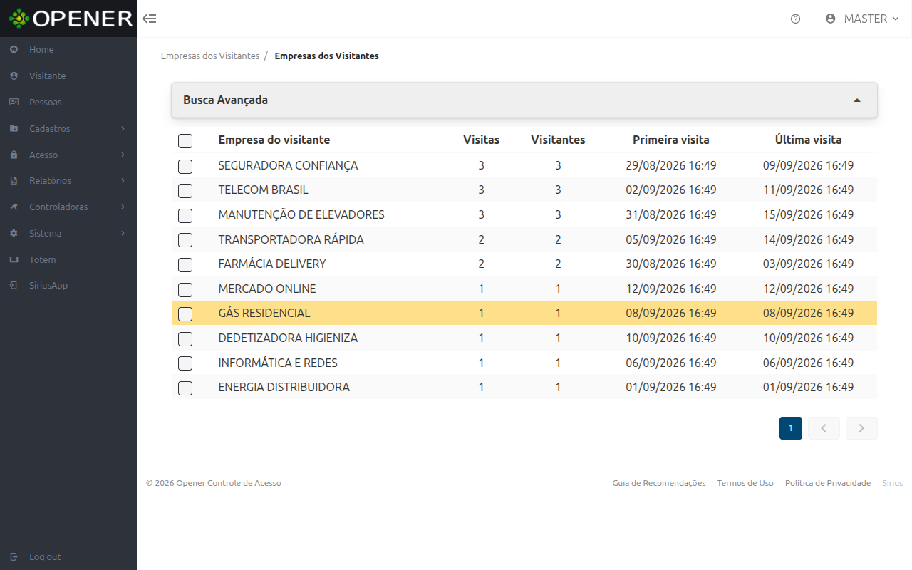 Lista de empresas pré-cadastradas