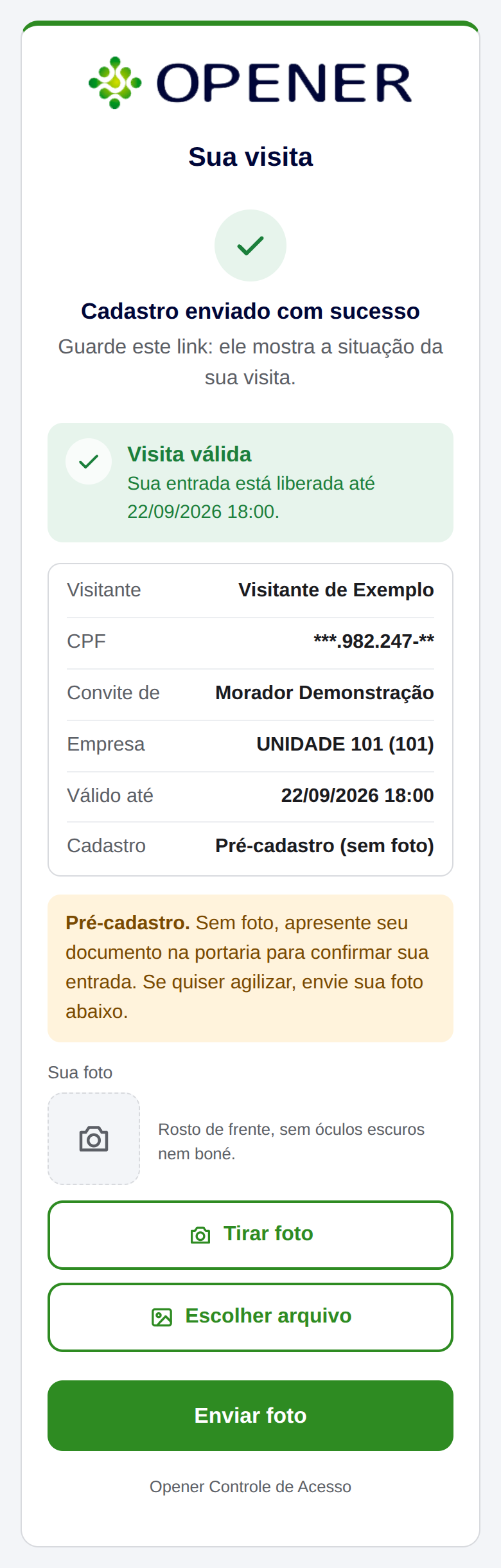 Página do convite depois do envio