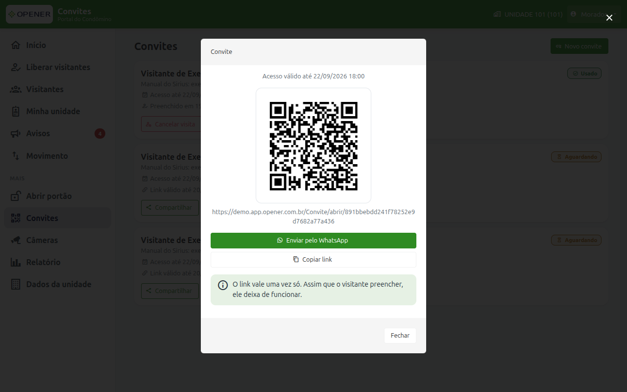 Janela Convite criado, com o QR Code e os botões Enviar pelo WhatsApp e Copiar link