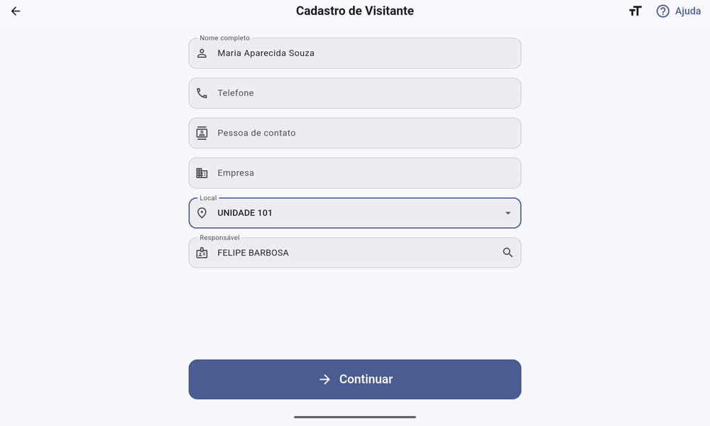 Cadastro de Visitante com local e responsável escolhidos